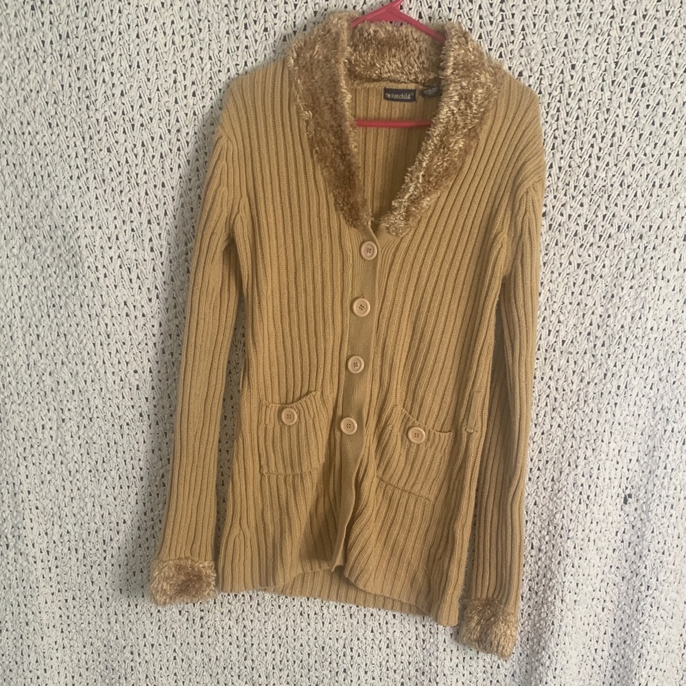 De Rotchild vintage Mustard Button-Front Cardigan with Faux Fur Trim